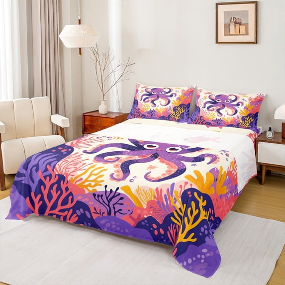 Manfei Kawaii Ocean Octopus Full Size Sheets,Colorful Undersea Coral Bed Sheets,Purple Orange Sheet Sets For Teens,Ultra Soft Home Decor,4-Piece