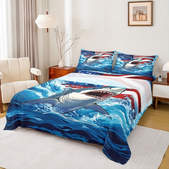 Homewish Kawaii Ocean Shark Twin Sheet Sets for Kids, American Flag Twin Fitted Sheet, Cute Cartoon Sealife Flat Sheet, Luxury Bedroom Decor, 3pcs