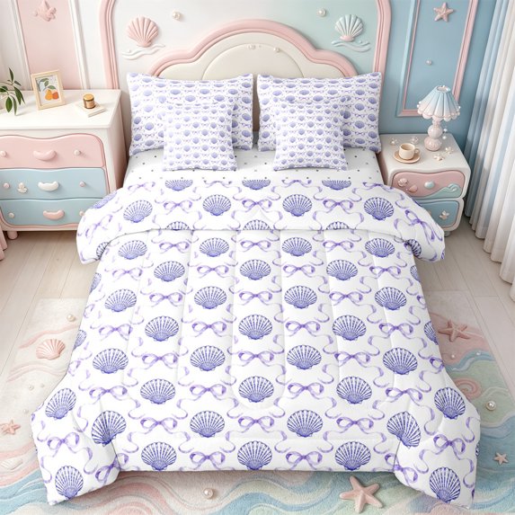 Manfei Kawaii Ocean Shell 7-Piece Twin Bedding,Modern Chic Bowtie Bedding Comforter Set,Reversible