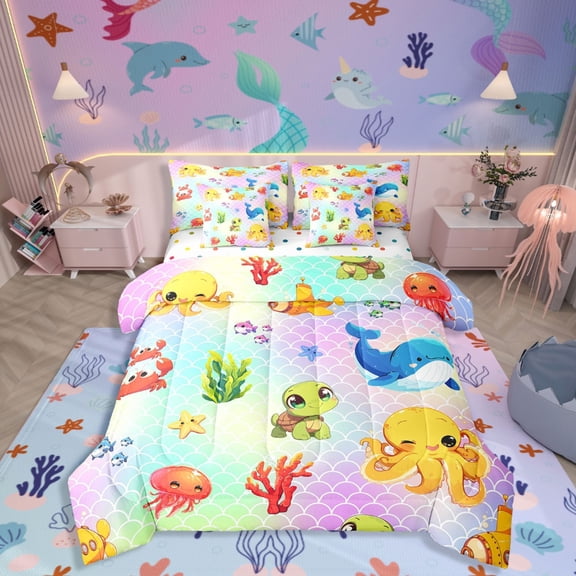 Manfei Kawaii Octopus Turtle Whale Jellyfish 7pcs Bedding Comforter Set,Marine Animal Queen Bedding Sets Super Cozy,Gradient Mermaid Tail Queen Sheet Sets,Microfiber Bedroom Decor,Reversible