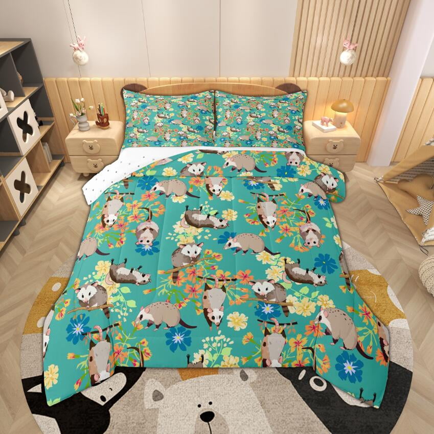 Manfei Kawaii Animals 7-Piece Kids Bedding Set - King Size Purple Cartoon Wildlife Comforter Set