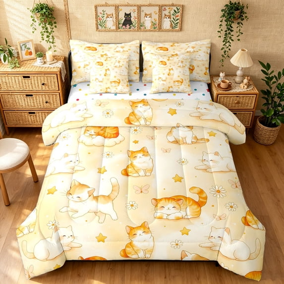 Manfei Kawaii Orange Cat Queen Bedding, Dreamy Stars Starry SKy Bedding Comforter Set Queen, Cream Yellow, Polkadot Reversible, 7-Piece