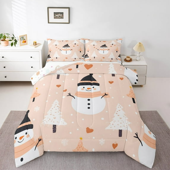 Manfei Kawaii Orange Snowman Full Size Comforter Sets for Kids, Rustic Xmas Tree Bedding Comforter Set, Merry Christmas Reversible Bedding Sets, Super Cozy Room Decor, 3-Piece