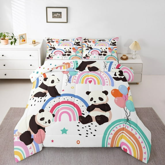 Manfei Kawaii Panda 2pcs Bedding Comforter Set,Cartoon Rainbow Twin Comforter Sets,Cute Animal Breathable Bedding Set,Super Cozy Wildlife Room Decor,Reversible