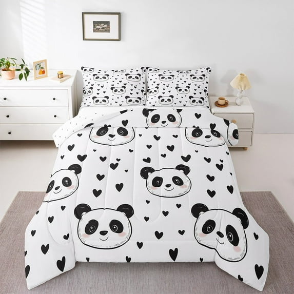 Manfei Kawaii Panda 3 Pieces Queen Comforter Set,Love Heart Print Ultra Soft Bedding Sets,Black White Bedding Comforter Set,Luxury Kids Bedroom Decor,Reversible
