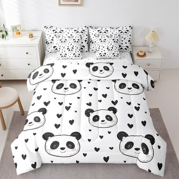 Manfei Kawaii Panda 7-Piece Bedding Comforter Set,Love Heart Print King Bedding Sets,Black White Ultra Soft Bed Sheets,Luxury Kids Bedroom Decor,Reversible