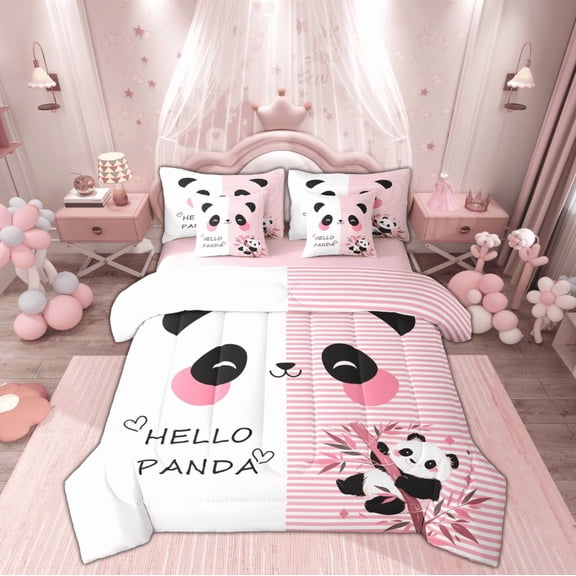 Manfei Kawaii Panda Child Bedding Comforter Set 7-Piece, Pink Stripes Geometric King Bedding Sets, Cute Cartoon Animal Reversible Bed Sheets, Super Cozy Room Decor