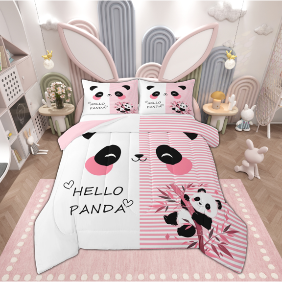 Manfei Kawaii Panda Child Queen Comforter Set, Pink Stripes Geometric Bedding Sets, Cute Cartoon Animal Reversible Bedding Comforter Set, Super Cozy Room Decor, 3pcs