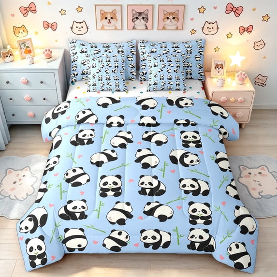 Manfei Kawaii Panda Queen Bedding, Cartoon Animals Bedding Comforter Set Queen, Light Blue, Polkadot Reversible, 7-Piece