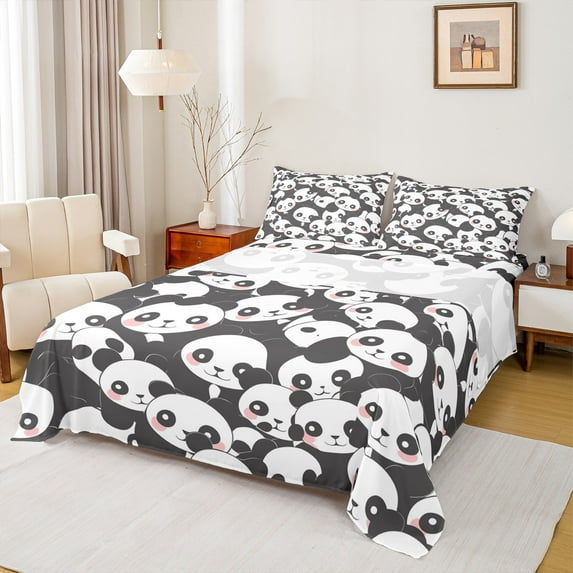 Feelyou Kawaii Panda Queen Sheet Sets, Cute Funny Animal Flat Sheet, Grey White Cartoon Queen Fitted Sheet, Breathable Bedroom Decorative, 4-Piece