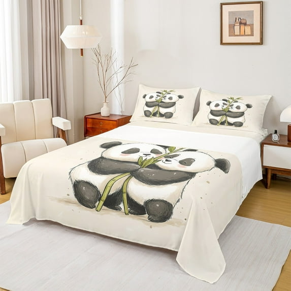 Manfei Kawaii Panda Sheet Set King,Cartoon Animal Bedding Sets King Size,White Black Green King Sheet Sets,Microfiber Room Decoration,4-Piece