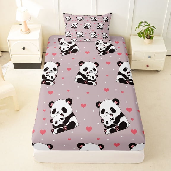 Manfei Kawaii Panda Twin Fitted Sheet, Cartoon Love Heart Bedding, Dusty Pink, 2pcs, 1 Fitted Sheet and 1 Pillowcase