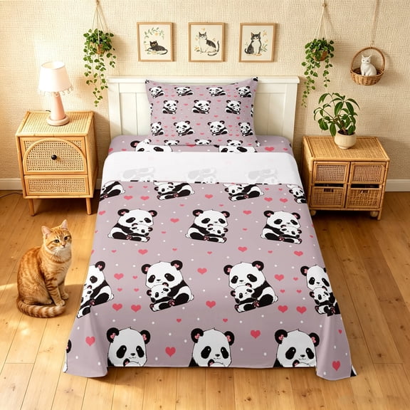 Manfei Kawaii Panda Twin Sheets, Cartoon Love Heart Bedding, Dusty Pink, 3pcs, 1 Flat Sheet, 1 Fitted Sheet and 1 Pillowcase