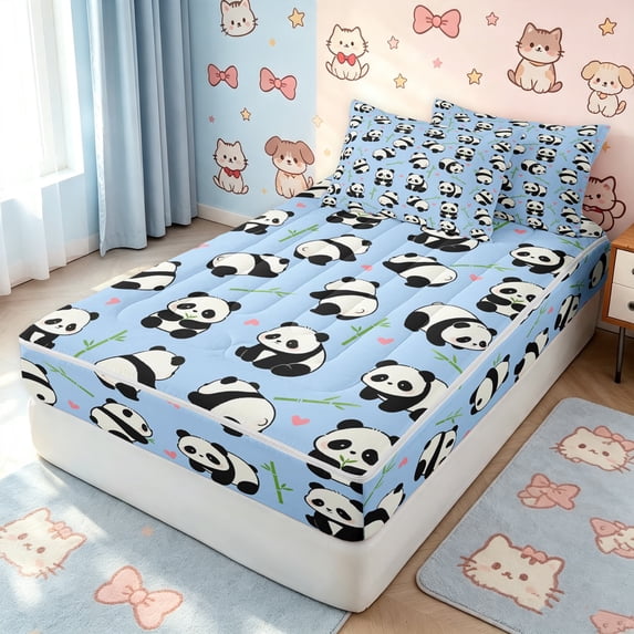 Manfei Kawaii Panda Zipper Full Size Comforter Sets with Fitted Sheet and 2 Pillowcases, Cartoon Animals Zipper Bedding Set, Light Blue, Polkadot Reversible, 4-Piece