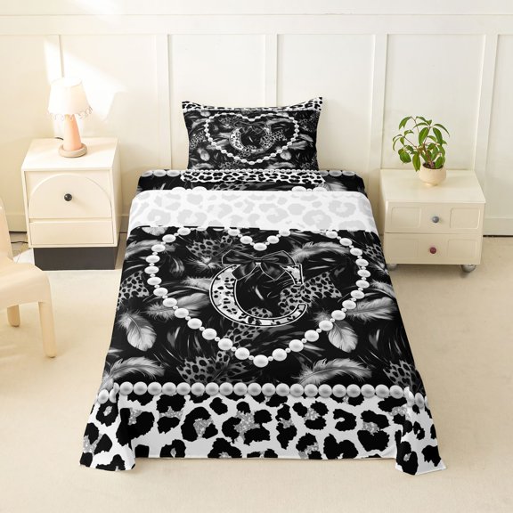 Manfei Kawaii Pearl Cheetan Print Twin Sheets,Cartoon Monogram C Bedding,Black,3 Pieces