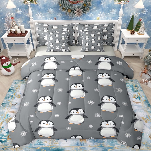Manfei Kawaii Penguin 7-Piece Bedding Comforter Set,Hello Winter King Bedding Sets,Gray White Black Bed Sheets For Girls Boys,Microfiber Bedroom Decor Reversible