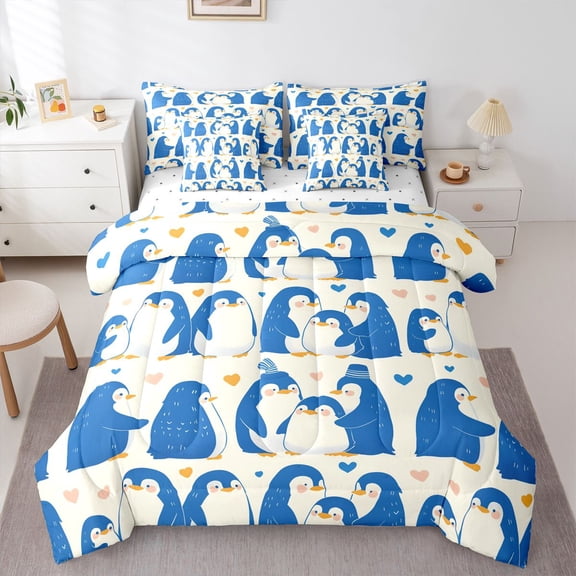 Manfei Kawaii Penguin 7-Piece Bedding Comforter Set for Preppy Kids Children,Merry Christmas King Bedding Sets,Happy Xmas Ultra Soft Bed Sheets,Ultra Soft Home Decor,Reversible