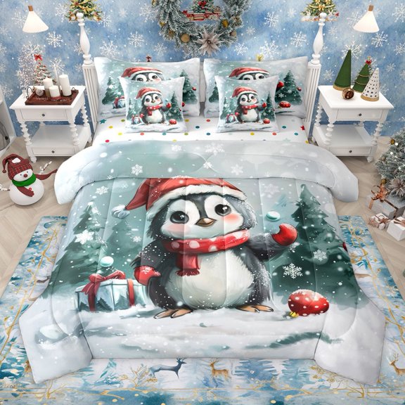 Manfei Kawaii Penguin 7 Pieces Bedding Comforter Set for Preppy Kids Children,Merry Christmas Full Bedding Set Lightweight,Happy Xmas Snowflake Fitted Sheet Flat Sheet,Ultra Soft Home Decor