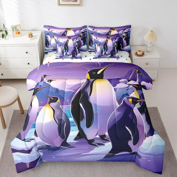Manfei Kawaii Penguin Bedding Comforter Set 7-Piece for Kids, Cartoon Animal Lover King Bedding Sets, Mountain Ocean Reversible Bed Sheets, Ultra Soft Home Decor