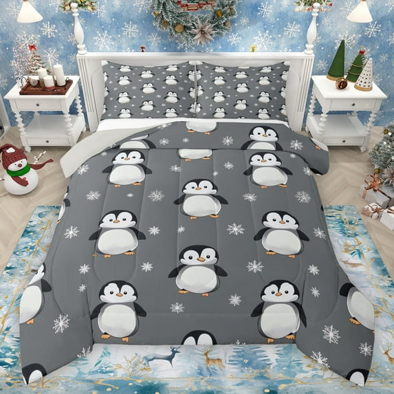 Manfei Kawaii Penguin Bedding Comforter Set,Hello Winter Twin Comforter Sets,Gray White Black Bedding Set For Girls Boys,Microfiber Bedroom Decor Reversible,2pcs