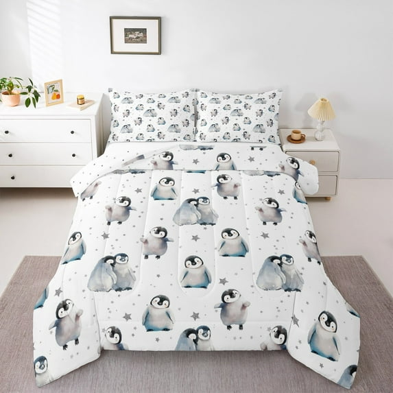 Manfei Kawaii Penguin Bedding Comforter Set for Kids, Cartoon Animal Lover Twin Comforter Sets, Dreamy Star Galaxy Reversible Bedding Set, Luxury Bedroom Decor, 2-Piece