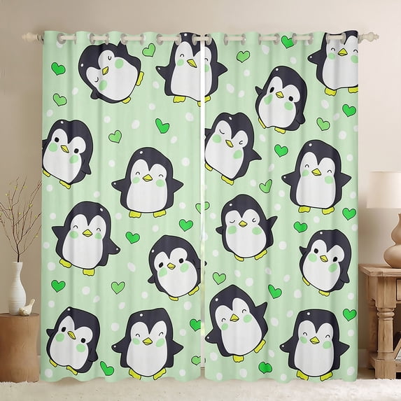 Manfei Kawaii Penguin Black Out Curtains for Kid, Antarctic Wildlife Animal Curtains Pack of 2 (42x63 Each), Cartoon Green Love Heart Bedroom Curtains, Curtains Blackout Bedroom Decor