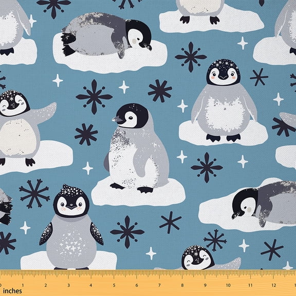 Manfei Kawaii Penguin Fabric by the Yard (5 Yards) for Kids Boys Girls, Antarctic Wildlife Decorative Fabric by the Yard, Winter Snowflakes Sewing & Crafting Fabric