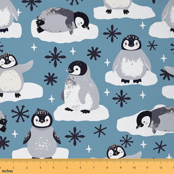 Manfei Kawaii Penguin Fabric by the Yard (5 Yards) for Kids Boys Girls, Antarctic Wildlife Decorative Fabric by the Yard, Winter Snowflakes Sewing & Crafting Fabric