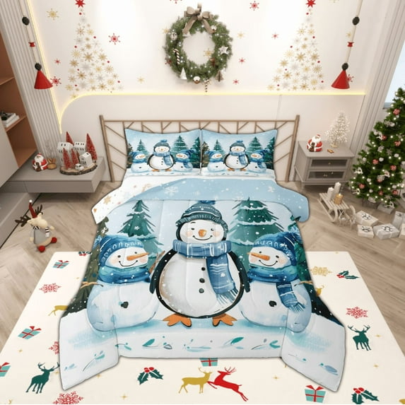 Manfei Kawaii Penguin Snowman Queen Comforter Set,Wild Animal Bedding Sets,Blue White Bedding Comforter Set For Teens,Ultra Soft Home Decor Reversible,3-Piece