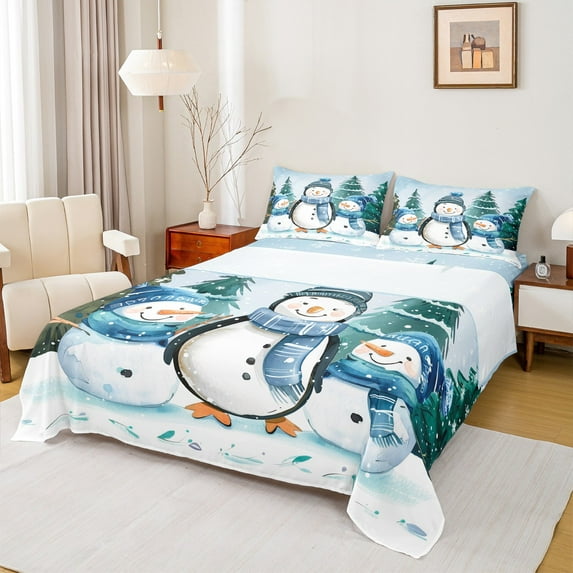 Manfei Kawaii Penguin Snowman Queen Sheet Sets,Wild Animal Flat Sheet,Blue White Queen Fitted Sheet For Teens,Ultra Soft Home Decor,4-Piece