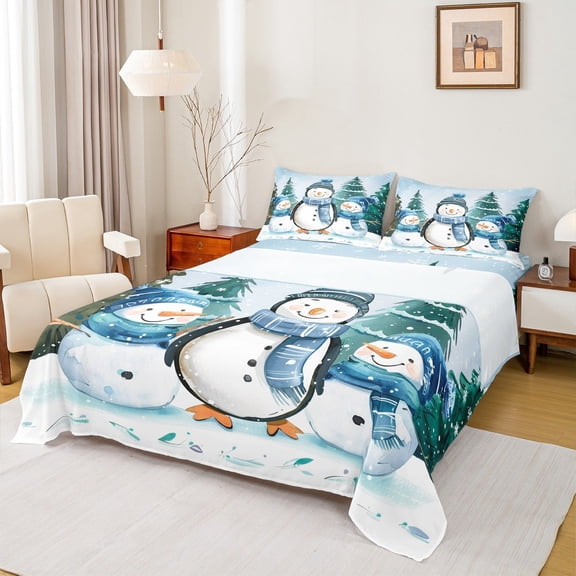 Manfei Kawaii Penguin Snowman Twin Sheet Sets,Wild Animal Twin Fitted Sheet,Blue White Flat Sheet For Teens,Ultra Soft Home Decor,3 Pieces