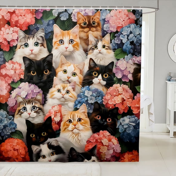 Manfei Kawaii Pet Cat Shower Curtain 72Wx78L, Bohemian Hydrangea Floral Bath Curtain, Navy Beige