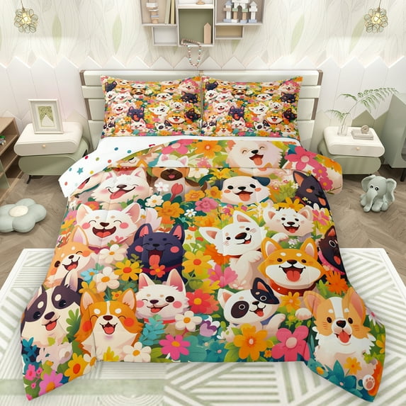 Manfei Kawaii Pet Dogs Bedding Comforter Set,Color Cartoon Flowers Twin Comforter Sets,Cute Daisy Blossom Bedding Set For Girls Boys,Microfiber Bedroom Decor Reversible,2 Pieces