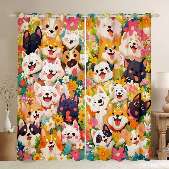Manfei Kawaii Pet Dogs Black Out Curtains,Color Cartoon Flowers Curtains Pack of 2 (42x63 Each),Cute Daisy Blossom Bedroom Curtains For Girls Boys,Microfiber Bedroom Decor