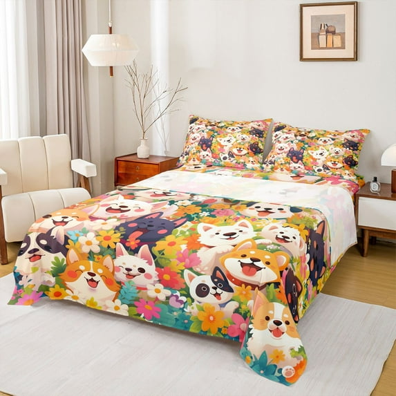 Manfei Kawaii Pet Dogs Twin Sheet Sets,Color Cartoon Flowers Twin Fitted Sheet,Cute Daisy Blossom Flat Sheet For Girls Boys,Microfiber Bedroom Decor,3 Pieces