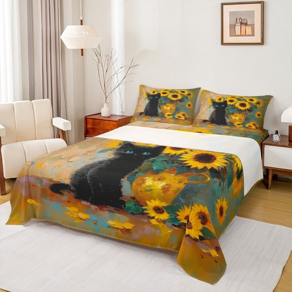 Manfei Kawaii Pet Kitten Bed Sheets,Rustic Flower Sunflower King Sheets,Retro Oil Painting Sheet Set For Girls Teens,Luxury Bedroom Decor,4-Piece