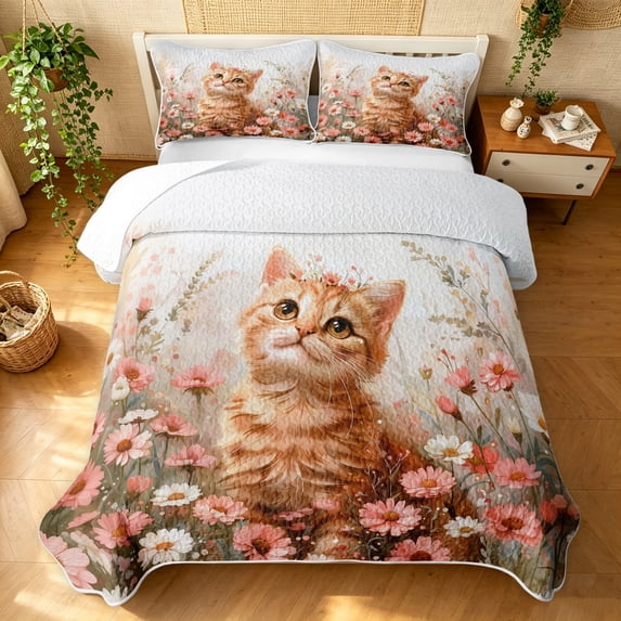 Manfei Kawaii Pet Quilt Full, Boho Daisy Floral Full Bedspread Sets, Peach Orange, 3pcs, 1 Coverlet and 2 Pillowcases