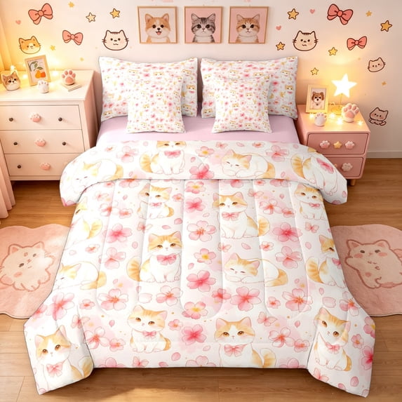 Manfei Kawaii Pet Twin Bedding, Spring Cherry Blossoms Bedding Comforter Set, Pink, Pink Reversible, 7pcs