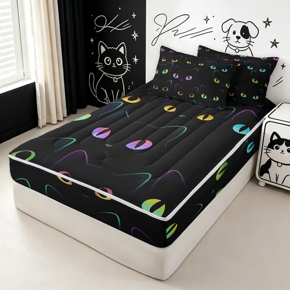 Manfei Kawaii Pet Zipper Full Size Comforter Sets with Fitted Sheet and 2 Pillowcases, Neon Cat Kitten Zipper Bedding Set, Dark Neon, Black Reversible, 4pcs