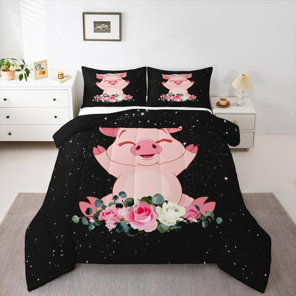 Manfei Kawaii Pig Full Size Comforter Sets,Rustic Flower Floral Bedding Comforter Set,Pink Black Bedding Sets For Kids Girl,Breathable Home Decor Reversible,3pcs