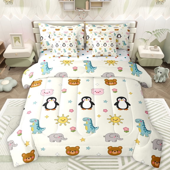 Manfei Kawaii Pig Penguin Bedding Comforter Set 7pcs, Cute Dinosaur Elephant Bear King Bedding Sets, Cartoon Animal Theme Reversible Bed Sheets, Super Cozy Room Decor