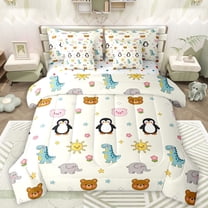 Manfei Kawaii Pig Penguin Twin Bedding Sets 7-Piece, Cute Dinosaur Elephant Bear Bedding Comforter Set, Cartoon Animal Theme Reversible Sheet Sets, Super Cozy Room Decor