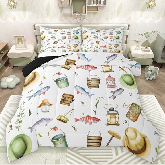 Manfei Kawaii Pike Fish Full Size Comforter Sets for Kids, Cute Cartoon Animal Bedding Comforter Set, Rustic Fishing Theme Reversible Bedding Sets, Ultra Soft Bedroom Decor, 3-Piece