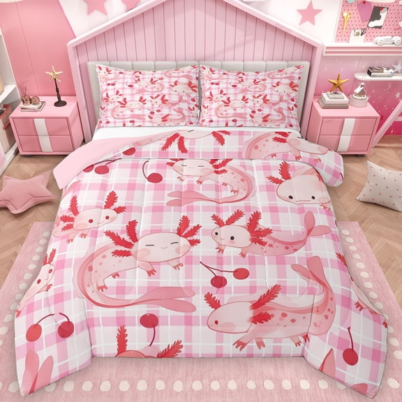 Manfei Kawaii Pink Axolotl Bedding Comforter Set for Girl, Cartoon Pink Cherry Twin Comforter Sets, Chic Buffalo Plaid Reversible Bedding Set, Ultra Soft Bedroom Decor, 2 Pieces