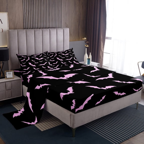 Manfei Kawaii Pink Bat Bed Sheets for Child, Cartoon Gothic Animal King Sheets, Sugar Halloween Theme Sheet Set, Microfiber Bedroom Decor, 4-Piece