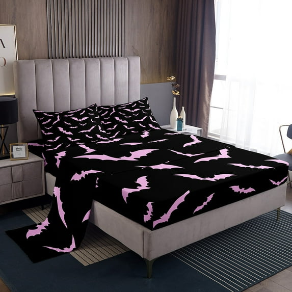 Manfei Kawaii Pink Bat 3-Piece Twin Sheet Set, Gothic Halloween Bedding
