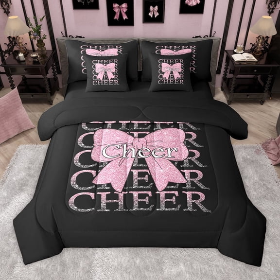 Manfei Kawaii Pink Bow 7pcs Bedding Comforter Set for Teens Children Girls,Bling Glitter Queen Bedding Sets Super Cozy,Girly Dreamy Dance Queen Sheet Sets,Luxury Bedroom Decor,Reversible