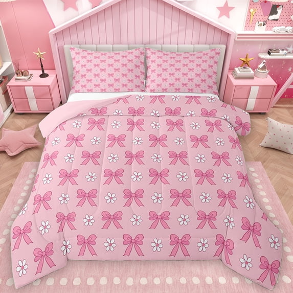Manfei Kawaii Pink Bow Full Size Comforter Sets for Teens, Dreamy Cherry Blossoms Bedding Comforter Set, Fairy Tale Princess Reversible Bedding Sets, Luxury Bedroom Decor, 3pcs