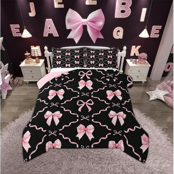 Manfei Kawaii Pink Bow Knot Bedding Comforter Set for Girls, Dreamy Bowtie Twin Comforter Sets, Watercolor Bowknot Ribbon Bedding Set, Lightweight Bedroom Decor, Reversible 2-Piece