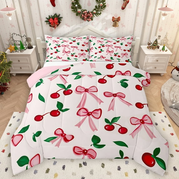 Homewish Kawaii Pink Bow-tie Full Size Comforter Sets, Cartoon Cute Cherry Bedding Comforter Set, Green Leaf Botanical Reversible Bedding Sets, Microfiber Bedroom Decor, 3pcs